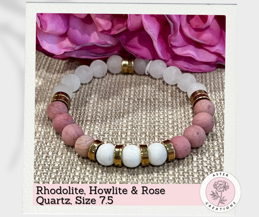 Rhodolite, Howlite & Rose Quartz Bracelet, Size 7.5