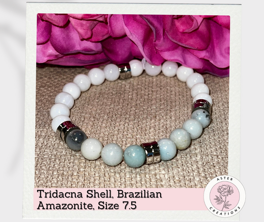 Tridacna Shell & Brazilian Amazonite Bracelet, Size 7.5