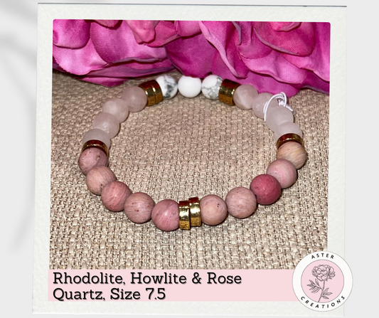Rhodolite, Howlite & Rose Quartz Bracelet, Size 7.5