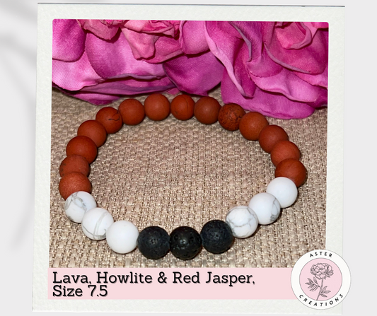 Lava, Howlite & Red Jasper Bracelet, Size 7.5