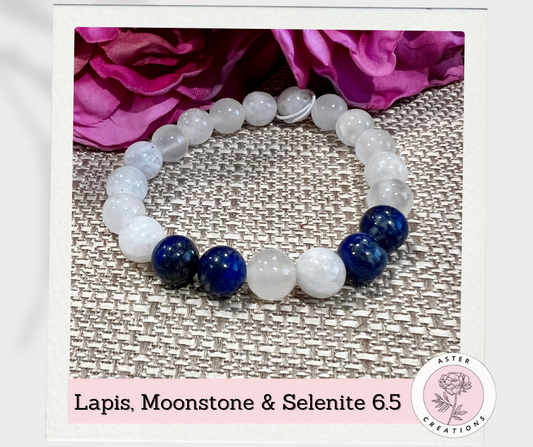 Lapis, Moonstone & Selenite Beaded Bracelet, Size 6.5