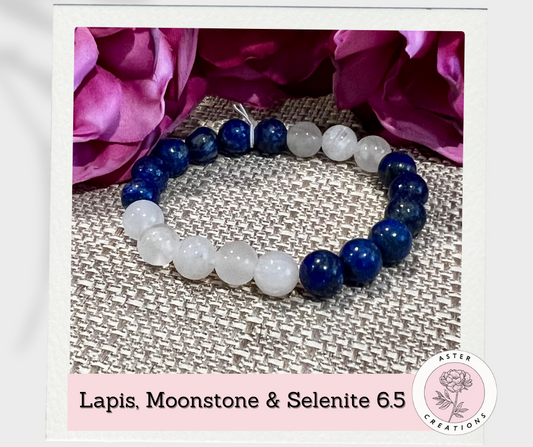 Lapis, Moonstone & Selenite Beaded Bracelet Size 6.5