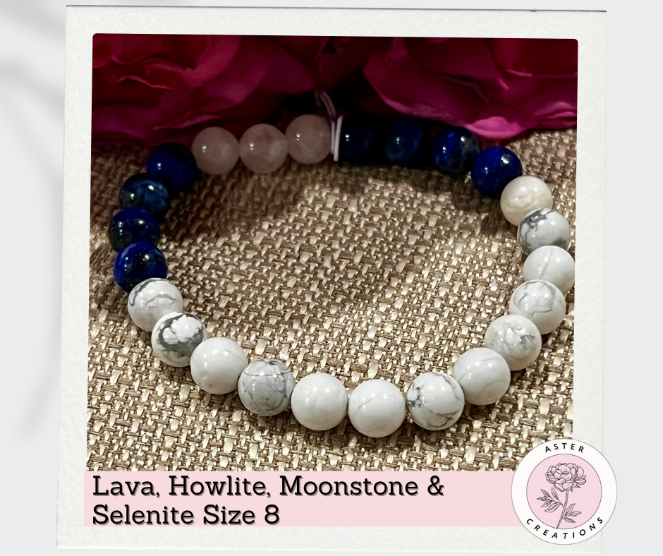 Lava, Howlite, Moonstone & Selenite Bracelet, Size 8