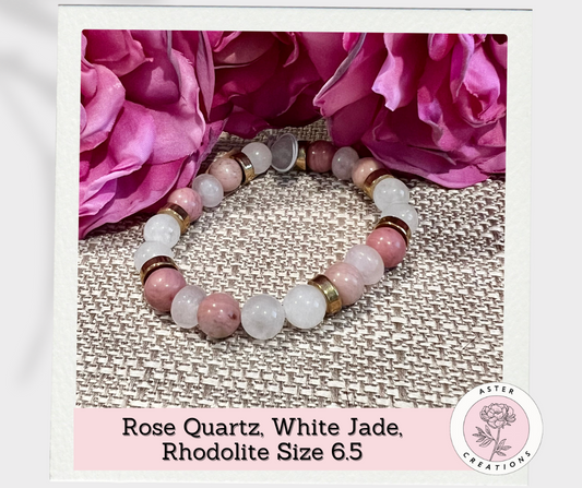 Rose Quartz, White Jade & Rhodolite Size 6.5