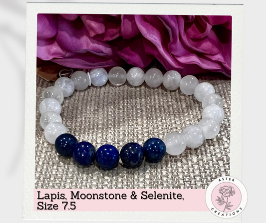 Lapis, Moonstone & Selenite Beaded Bracelet Size 7.5