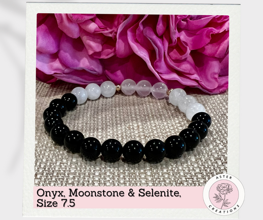 Onyx, Moonstone & Selenite Bracelet, Size 7.5