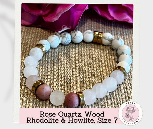 Rose Quartz, Wood Rhodolite & Howlite Bracelet, Size 7