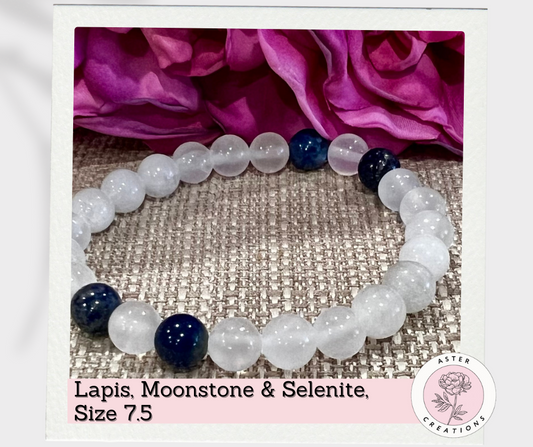 Lapis, Moonstone & Selenite Beaded Bracelet Size 7.5