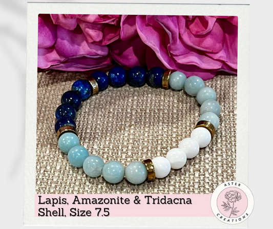 Lapis, Amazonite & Tridacna Shell Bracelet, Size 7.5