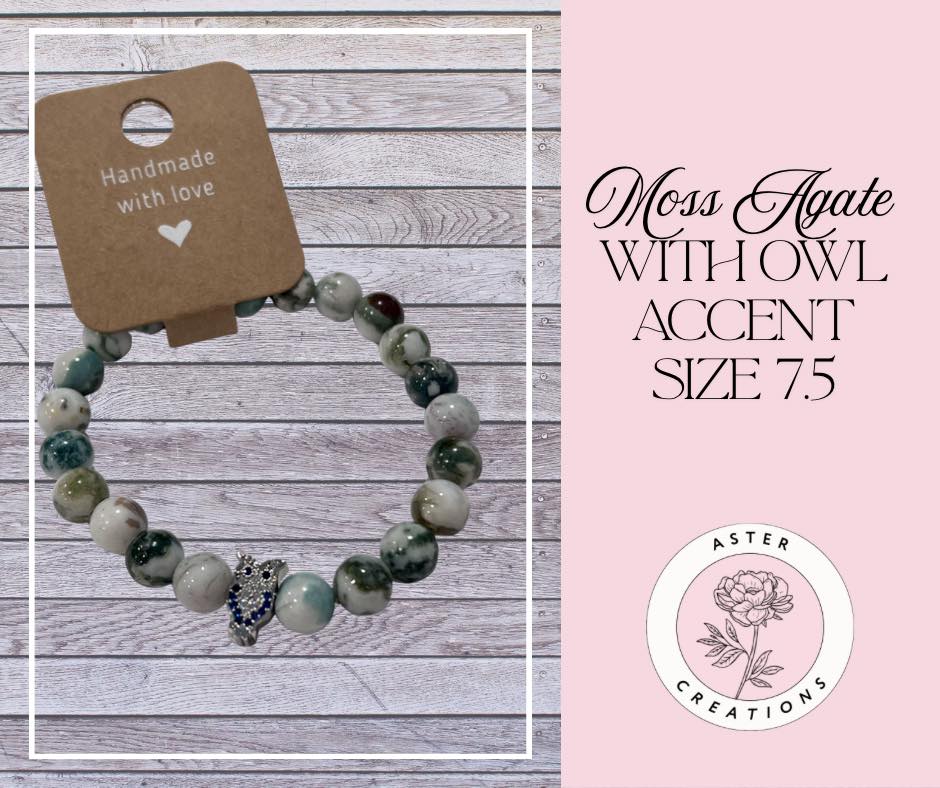 Moss Agate Owl Bracelet Size 7.5
