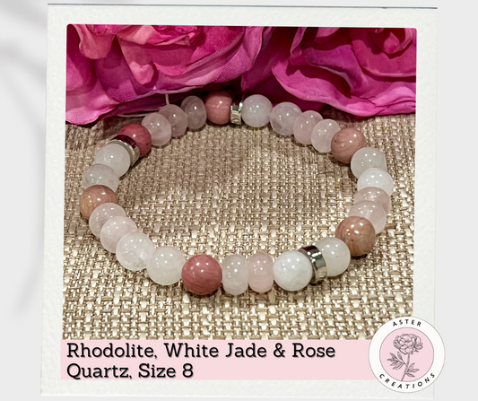 Rhodolite, White Jade & Rose Quartz Bracelet, Size 8