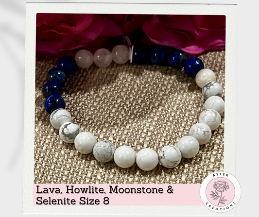 Lava, Howlite, Moonstone & Selenite Bracelet, Size 8