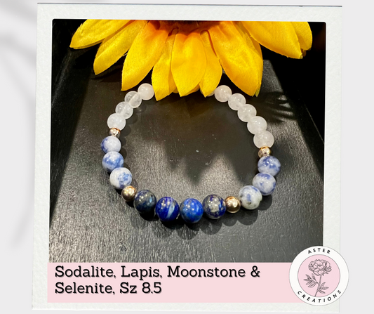 Sodalite, Lapis, Moonstone & Selenite Bracelet, Size 8.5