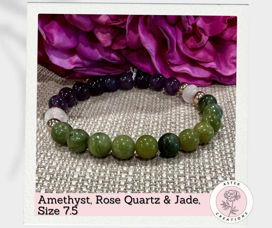 Amethyst, Rose Quartz & Jade Bracelet, Size 7.5
