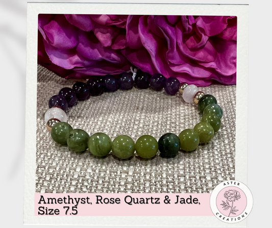 Amethyst, Rose Quartz & Jade Bracelet, Size 7.5