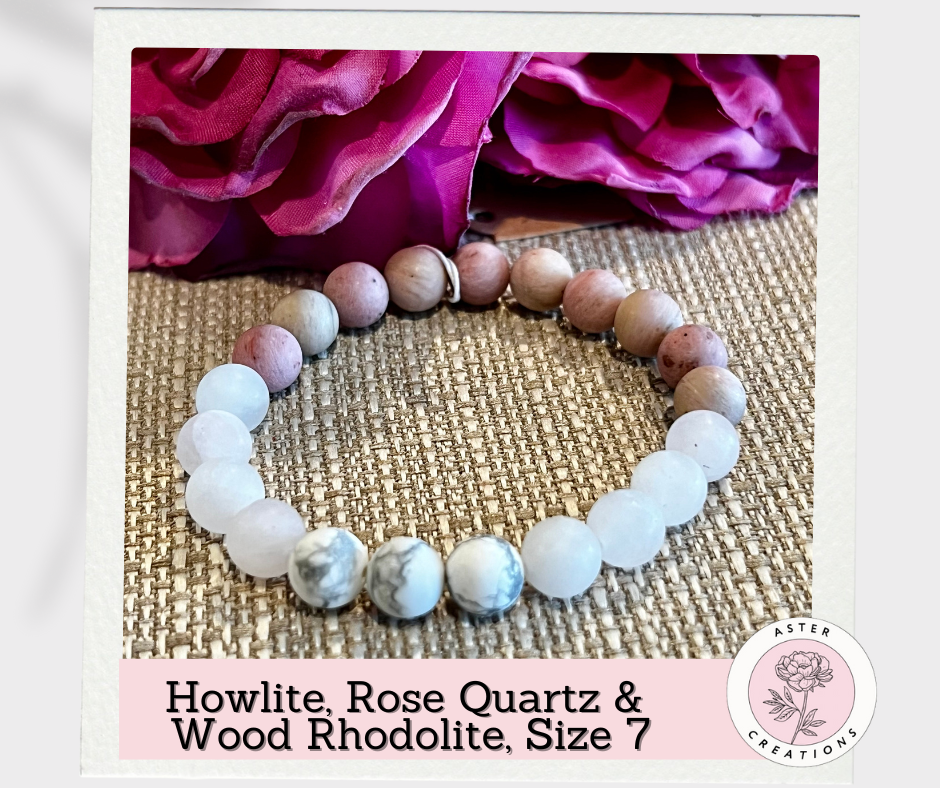 Howlite, Rose Quartz & Wood Rhodolite Bracelet, Size 7