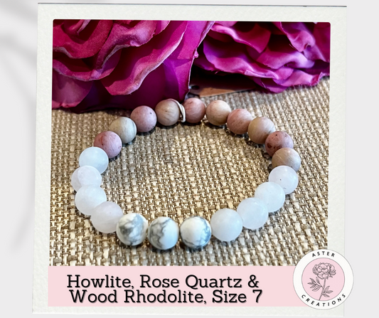 Howlite, Rose Quartz & Wood Rhodolite Bracelet, Size 7