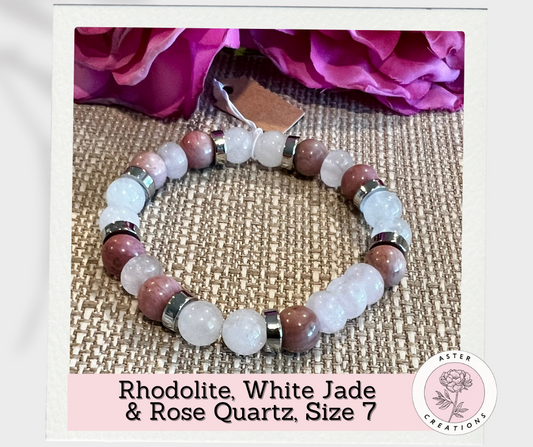 Rhodolite, White Jade & Rose Quartz Bracelet, Size 7
