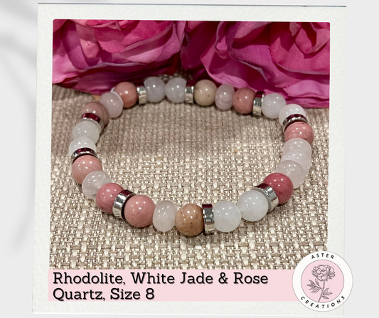 Rhodolite, White Jade & Rose Quartz Bracelet, Size 8