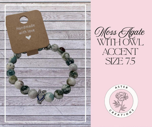 Moss Agate Owl Bracelet Size 7.5